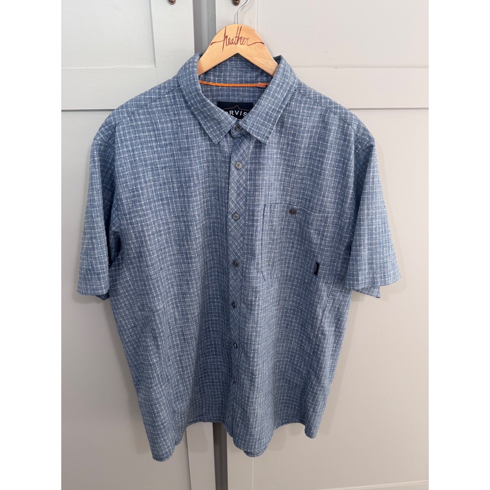 Orvis Mens Blue White Micro Check Short Sleeve Button Down Shirt Pocket Logo